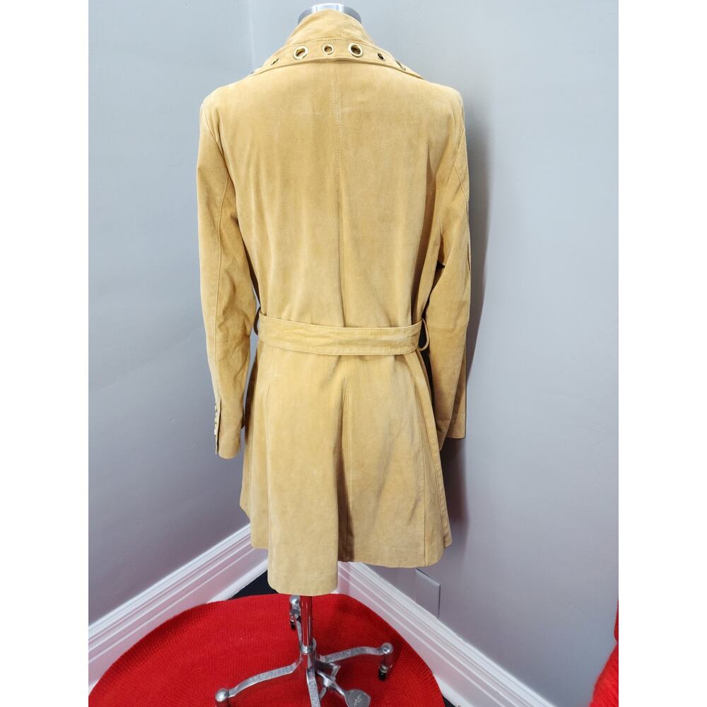 Y2K Bradley Bayou Butter Yellow-Tan Suede Trench Coat Floral Lined - XL - Picture 5 of 10